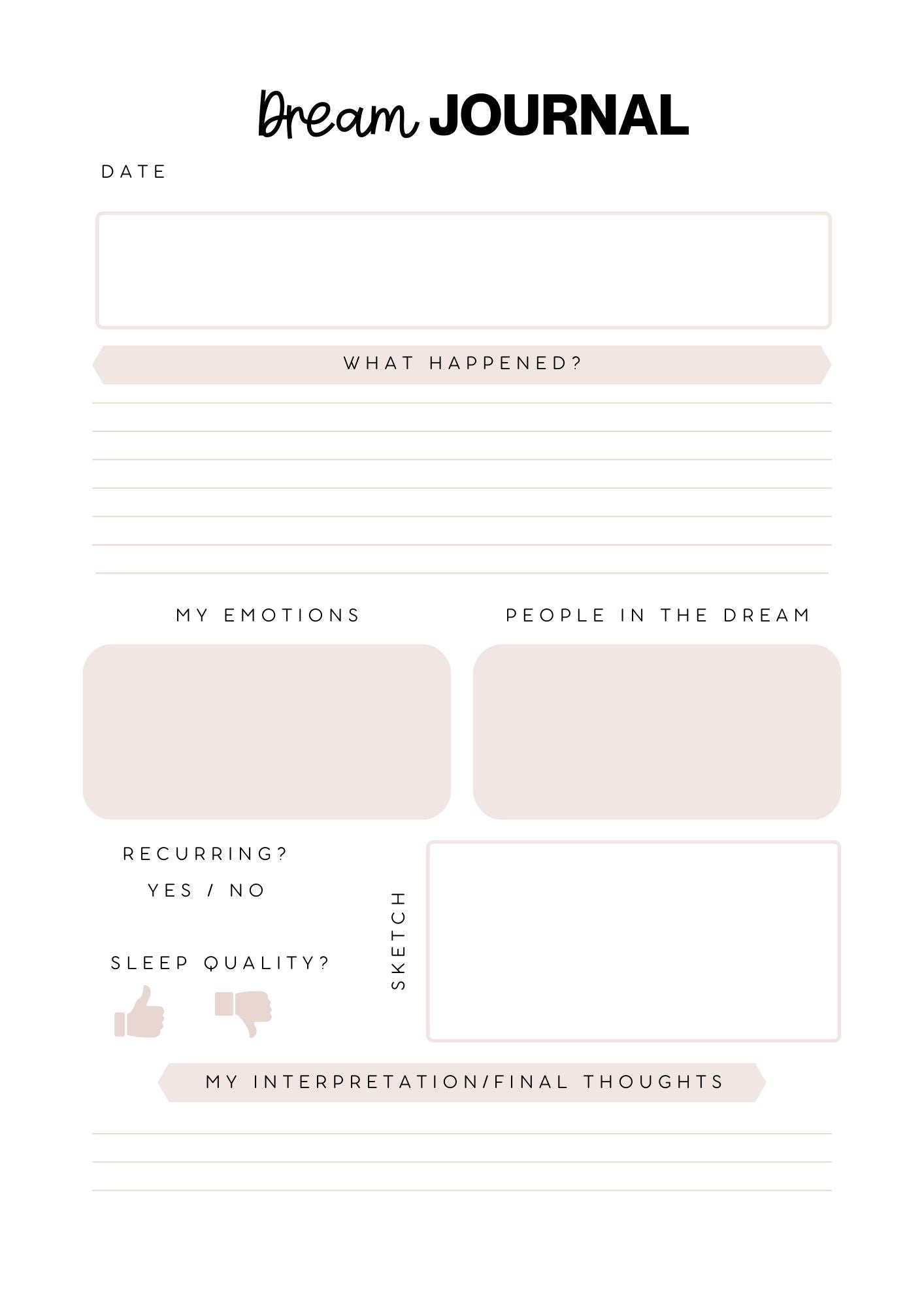 dream journal for selfcare planner